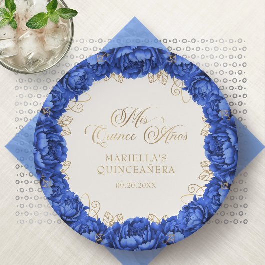 Royal Blue Floral Quinceanera Papieren Bordje