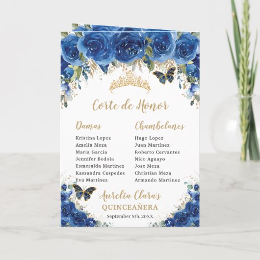 Royal Blue Floral Quinceañera Princess Padrinos Programma (Achterkant)