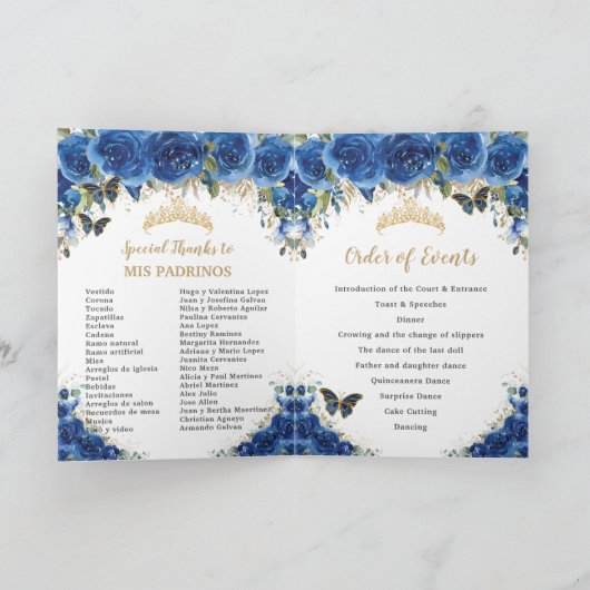 Royal Blue Floral Quinceañera Princess Padrinos Programma (Binnen)