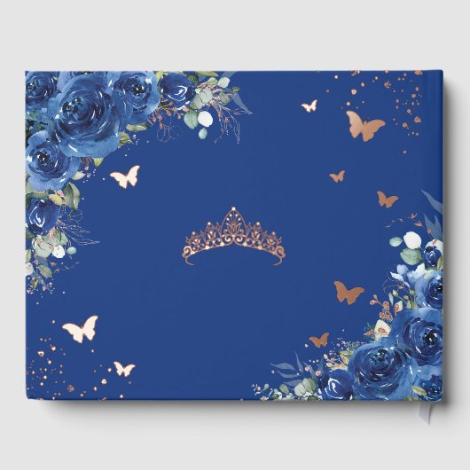 Royal Blue Floral Quinceañera Quince 15 Roos Goud Gastenboek (Achterkant)