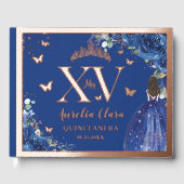 Royal Blue Floral Quinceañera Quince 15 Roos Goud Gastenboek (Voorkant)