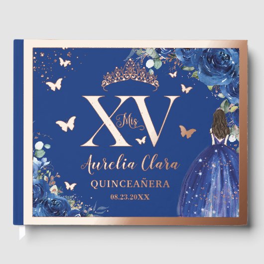 Royal Blue Floral Quinceañera Quince 15 Roos Goud Gastenboek (Voorkant)
