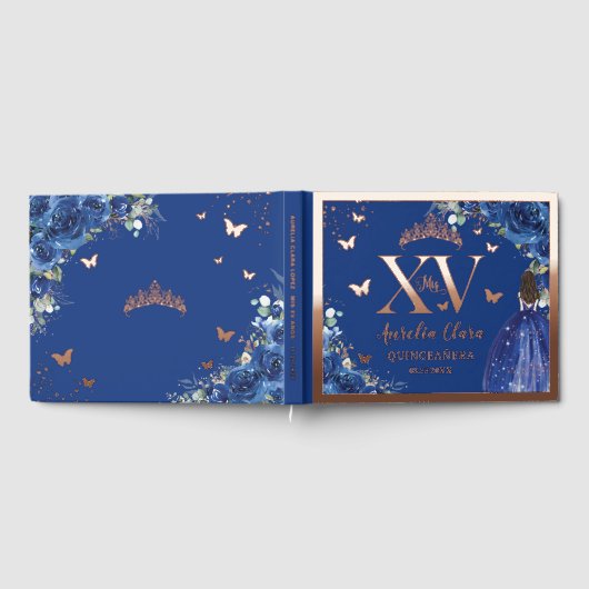 Royal Blue Floral Quinceañera Quince 15 Roos Goud Gastenboek (Volledig)