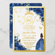 Royal Blue Floral Quinceañera Quince 15 XV Gold