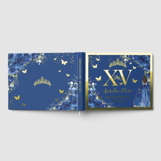 Royal Blue Floral Quinceañera Quince 15 XV Gold Gastenboek (Volledig)