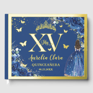 Royal Blue Floral Quinceañera Quince 15 XV Gold Gastenboek