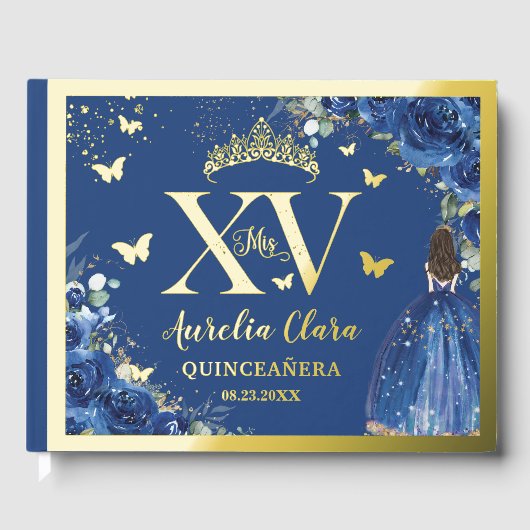 Royal Blue Floral Quinceañera Quince 15 XV Gold Gastenboek (Voorkant)