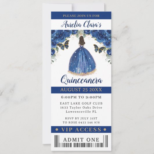 Royal Blue Floral Quinceañera Sweet 16 VIP Ticket Kaart (Voorkant)