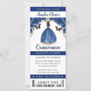 Royal Blue Floral Quinceañera Sweet 16 VIP Ticket Kaart