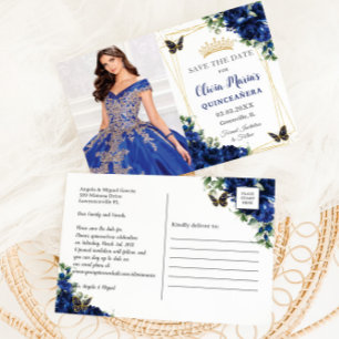 Royal Blue Floral Quinceañera Vlinders Afbeelding Aankondigingskaart
