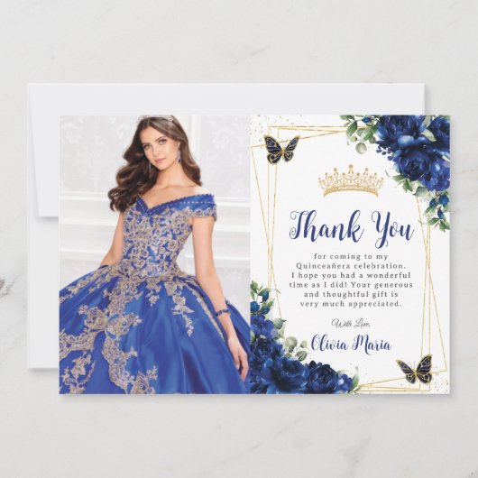 Royal Blue Floral Quinceañera Vlinders Afbeelding Bedankkaart (Voorkant)