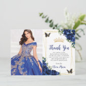 Royal Blue Floral Quinceañera Vlinders Afbeelding Bedankkaart (Staand voorkant)