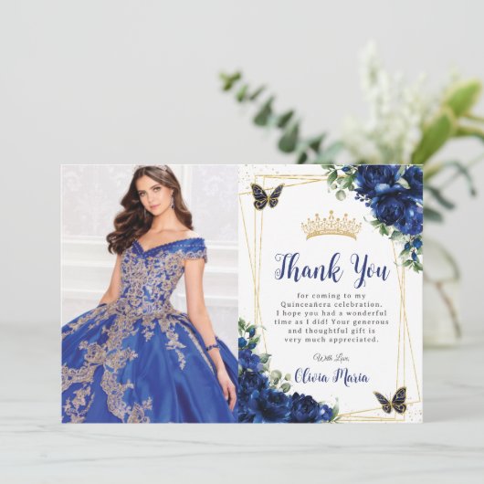 Royal Blue Floral Quinceañera Vlinders Afbeelding Bedankkaart (Staand voorkant)