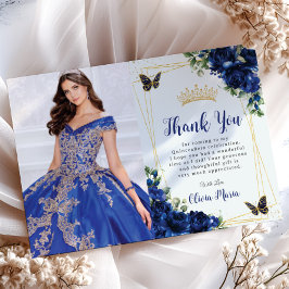 Royal Blue Floral Quinceañera Vlinders Afbeelding Bedankkaart