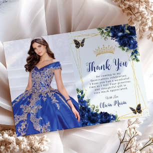 Royal Blue Floral Quinceañera Vlinders Afbeelding Bedankkaart
