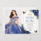 Royal Blue Floral Quinceañera Vlinders Afbeelding Kaart (Voorkant)