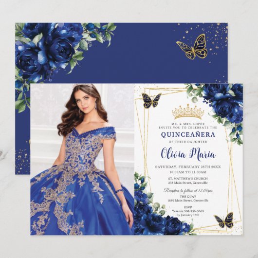 Royal Blue Floral Quinceañera Vlinders Afbeelding Kaart (Voorkant / Achterkant)