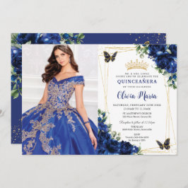 Royal Blue Floral Quinceañera Vlinders Afbeelding Kaart