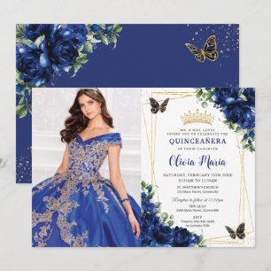 Royal Blue Floral Quinceañera Vlinders Afbeelding Kaart