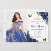 Royal Blue Floral Quinceañera Vlinders Afbeelding Save The Date (Voorkant)