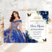 Royal Blue Floral Quinceañera Vlinders Afbeelding Save The Date