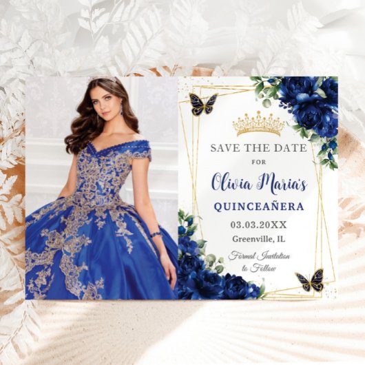 Royal Blue Floral Quinceañera Vlinders Afbeelding Save The Date