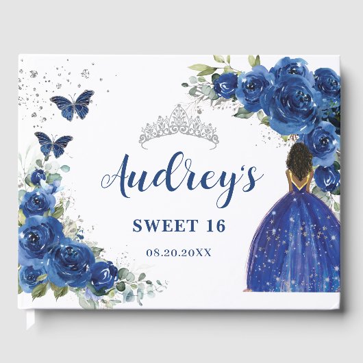 Royal Blue Floral Roos Bruin Prinses Verjaardag Gastenboek (Voorkant)