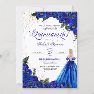 Royal Blue Floral Roos & Gold Elegant Quinceañera Kaart