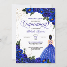 Royal Blue Floral Roos & Gold Elegant Quinceañera Kaart