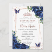 Royal Blue Floral Roos Gold Quinceañera Butterfly Kaart (Voorkant)