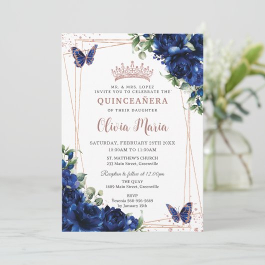 Royal Blue Floral Roos Gold Quinceañera Butterfly Kaart (Staand voorkant)