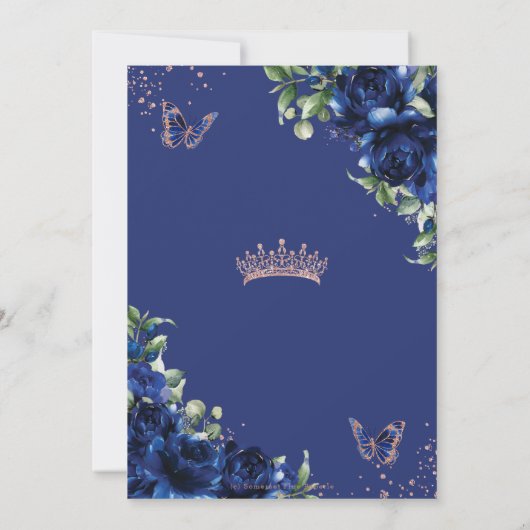 Royal Blue Floral Roos Gold Quinceañera Butterfly Kaart (Achterkant)