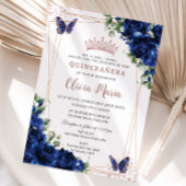 Royal Blue Floral Roos Gold Quinceañera Butterfly Kaart