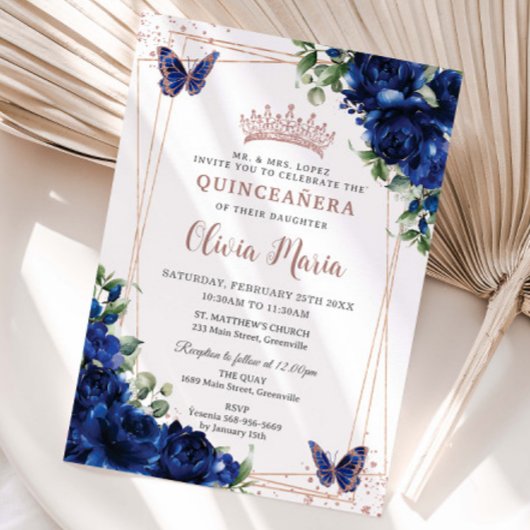Royal Blue Floral Roos Gold Quinceañera Butterfly Kaart