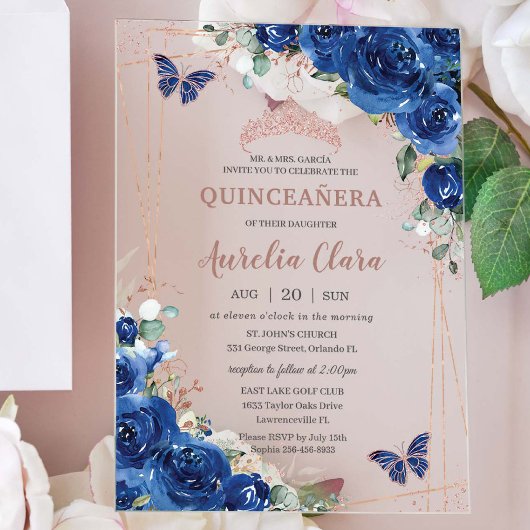 Royal Blue Floral Roos Gold Quinceañera Verjaardag Acryl Uitnodigingen