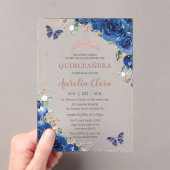 Royal Blue Floral Roos Gold Quinceañera Verjaardag Acryl Uitnodigingen (Insitu (Draagbaar))