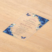 Royal Blue Floral Roos Gold Quinceañera Verjaardag Acryl Uitnodigingen (Laagn)