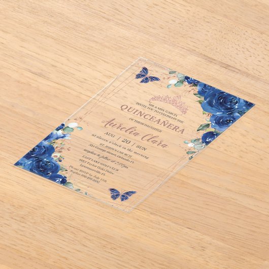 Royal Blue Floral Roos Gold Quinceañera Verjaardag Acryl Uitnodigingen (Laagn)