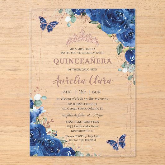 Royal Blue Floral Roos Gold Quinceañera Verjaardag Acryl Uitnodigingen (Voorkant)