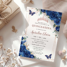 Royal Blue Floral Roos Gold Quinceañera Verjaardag