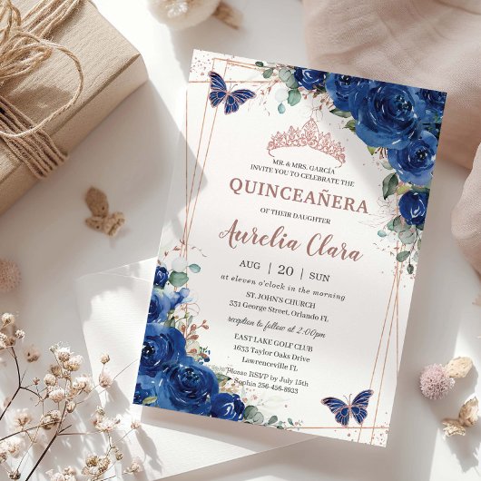 Royal Blue Floral Roos Gold Quinceañera Verjaardag Kaart