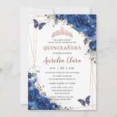 Royal Blue Floral Roos Gold Quinceañera Verjaardag Kaart (Voorkant)