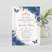 Royal Blue Floral Roos Gold Quinceañera Verjaardag Kaart (Staand voorkant)
