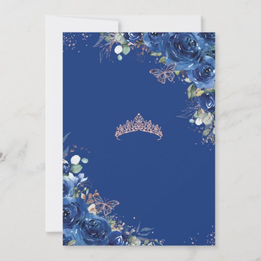 Royal Blue Floral Roos Gold Quinceañera Verjaardag Kaart (Achterkant)