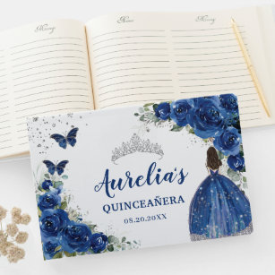 Royal Blue Floral Roos Princess Silver Quinceañera Gastenboek