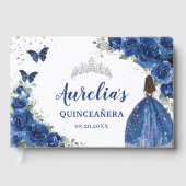 Royal Blue Floral Roos Princess Silver Quinceañera Gastenboek (Voorkant)