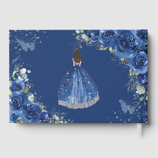 Royal Blue Floral Roos Princess Silver Quinceañera Gastenboek (Achterkant)