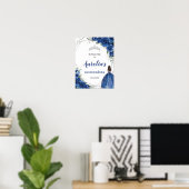 Royal Blue Floral Roos Silver Quinceañera Welkom Poster (Thuiskantoor)