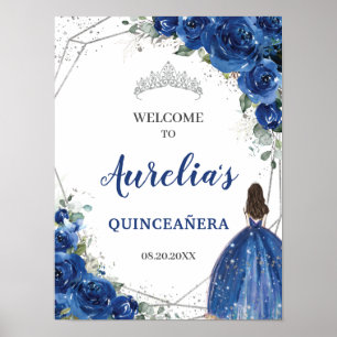 Royal Blue Floral Roos Silver Quinceañera Welkom Poster