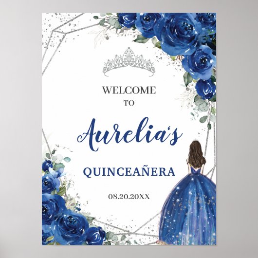Royal Blue Floral Roos Silver Quinceañera Welkom Poster (Voorkant)